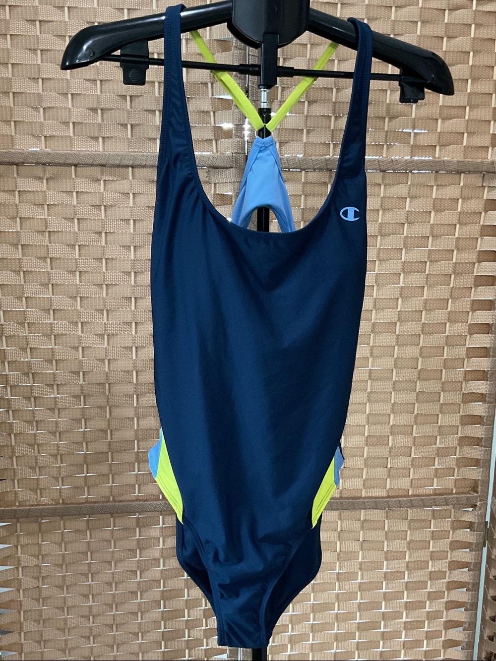 Champion Navy One-Piece Swimsuit with Lime and Light Blue Details